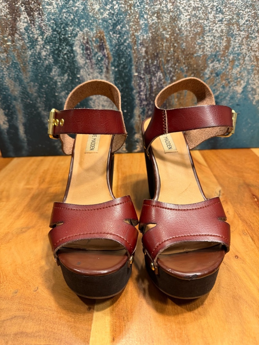 Steve Madden mid 2010s boho leather platform wedge sandals burgundy 9 FAIR - Picture 5 of 16